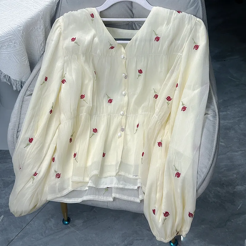 Blus Sifon Lengan Panjang Gaya Retro Baju Istana Bordir Pinggang Lentera Lengan Kemeja