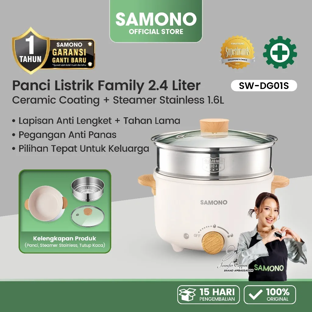 SAMONO Panci Listrik 2.4L Anti Lengket panci listrik multifungsi 3 in 1 steamer kukusan panci kukus kukusan listrik low watt panci listrik anti lengket SW-DG01S