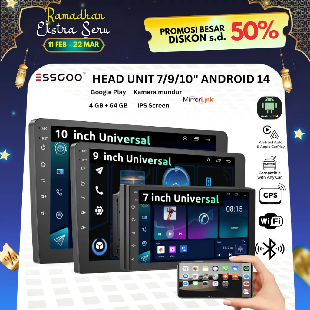 ESSGOO Head Unit Android 14 4GB+64GB  7/9/10 Inch 2Din Wifi GPS Wireless Carplay Bluetooth Universal