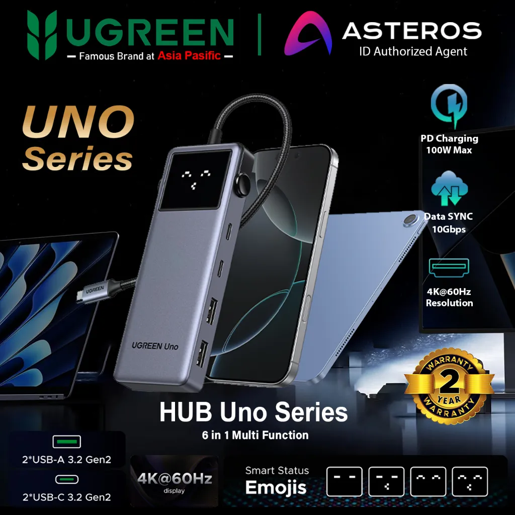 UGREEN Uno HUB 6 In 1 USB C 100w Dual USB 3.2 10Gbps HDMI 4K@60Hz LED Display For Laptop Macbook