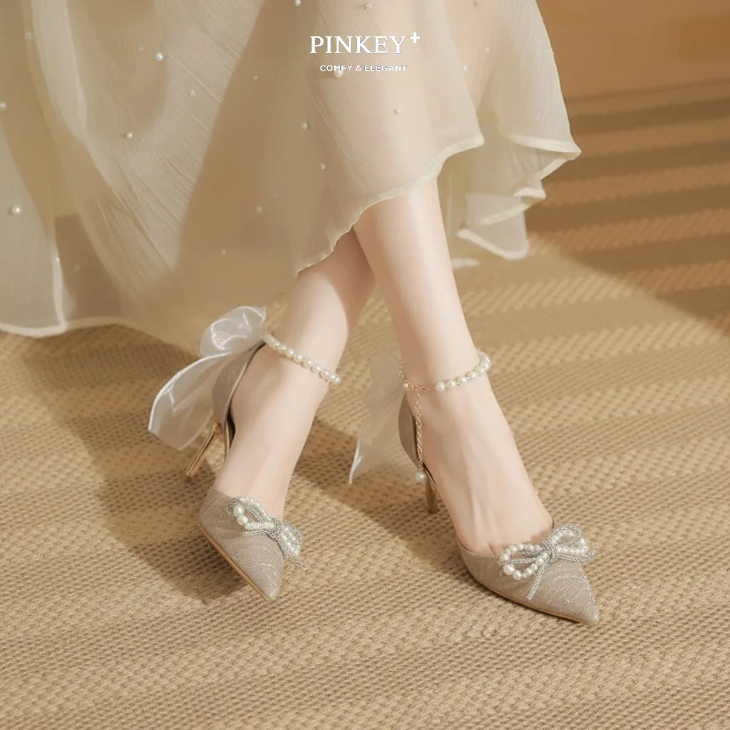 PINKEY P306 Heels Pesta Elegan Wanita – Pointed Toe Satin Glitter Mutiara Kristal, Hak Ramping 7cm