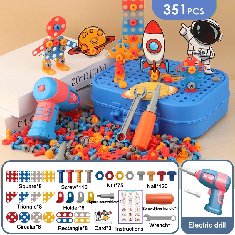 211/351Pcs Mainan Bor Listrik Tool Set 3D DIY Perbaikan Sekrup Bor Listrik Mainan Edukasi Anak Simulasi Merakit