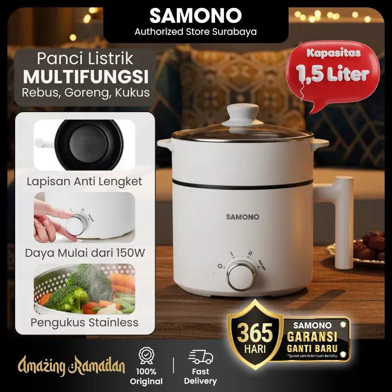 SAMONO Panci Listrik 1.5L Pengukus Stainless Tutup Kaca Anti Lengket SW-DG04S Hotpot Electric Hotpot Multifungsi Alat Masak Rumah Tangga Low Watt Panci Anak Kos Traveling