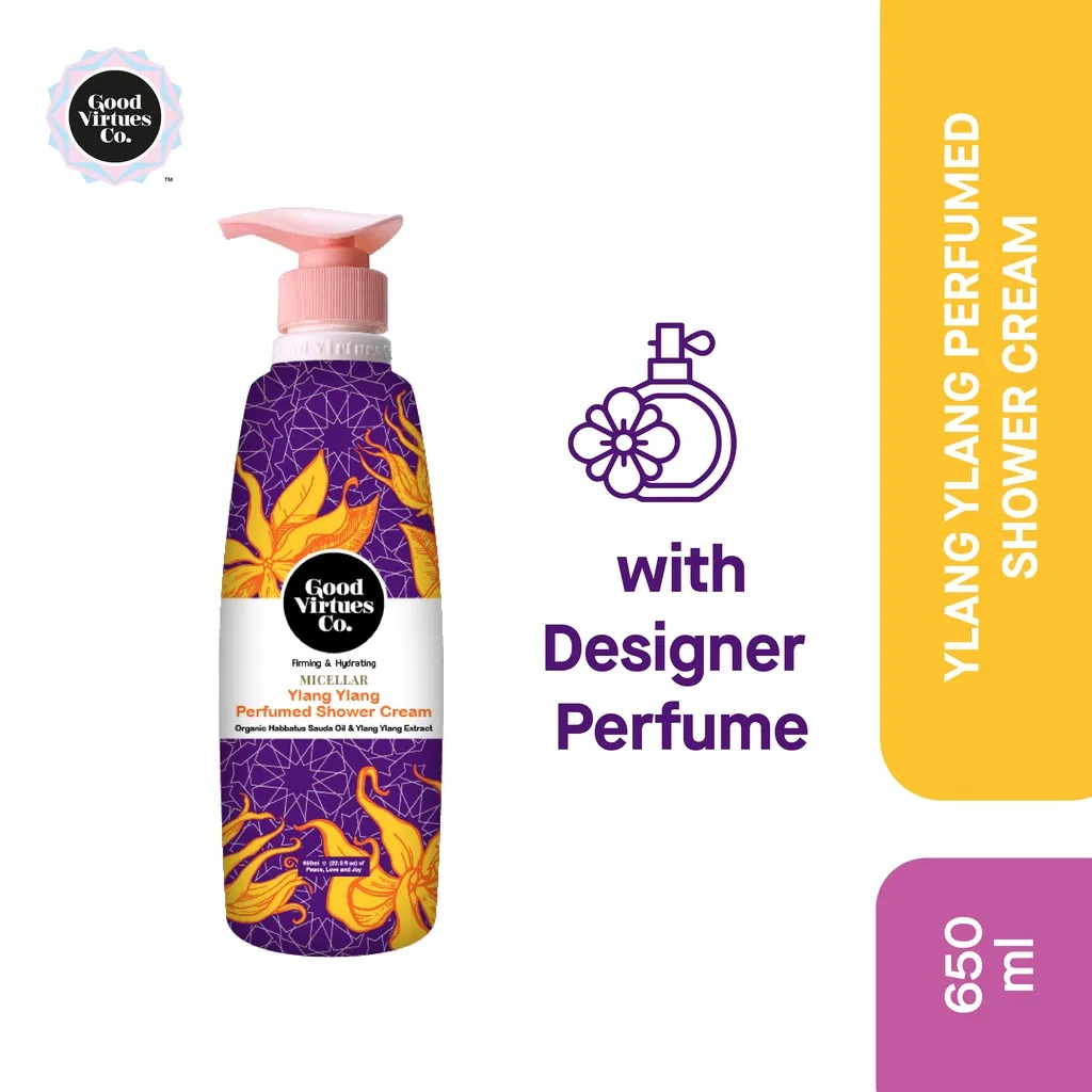 Good Virtues Co. Ylang Ylang Perfumed Shower Cream  650ml | Sabun Mandi Cair Wangi Premium Tahan Seharian | Sabun Mandi Premium Wangi Beraroma Hangat dari Bunga Tropis yang Eksotis| Parfum Designer | Sabun Kemasan Besar dan Ekonomis
