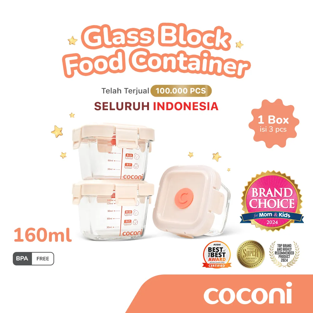 COCONI Baby Food Glass Container 3 Pcs x 160ml | Wadah Penyimpanan Makan Kaca Anak MPASI Kedap Udara Tahan Panas isi 3 pcs