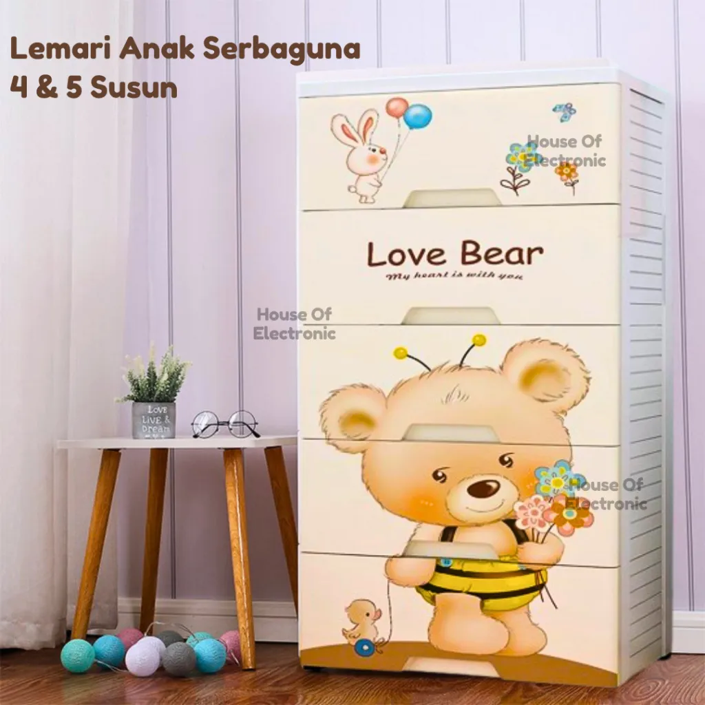 Lemari Plastik Susun Bear 4 Dan 5 Tingkat Tempat Penyimpanan Laci Multifungsi Lemari Pakaian Anak Ada Kunci Storage Box Lemari Baby Set Roda Storage Kabinet