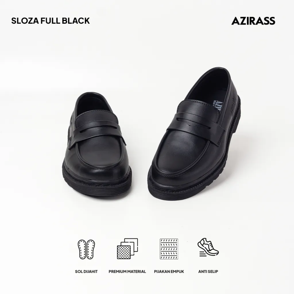 Azirass - Sloza Full Black Sepatu Loafer Slip On Pria Kulit Hitam Formal dan Casual Kerja Kondangan