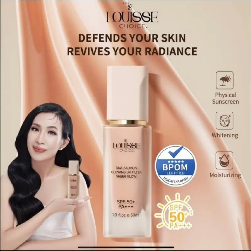 "Promo" Louisse Choice Physical Sunscreen Whitening Moisturizing DNA Salmon Glowing UV Filter Sheer Glow SPF50+ PA+++ 30ml luis luiss luwis