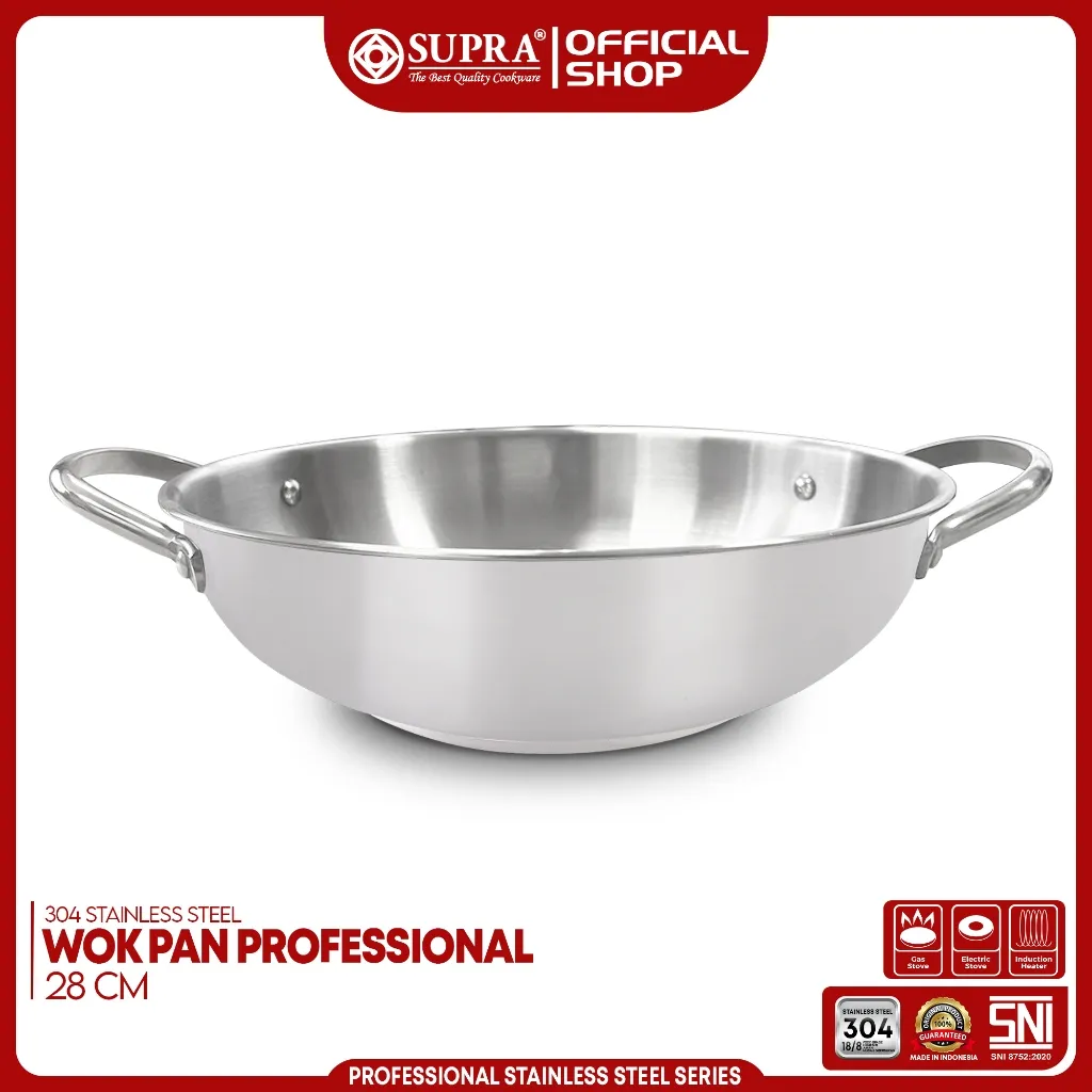 SUPRA Panci Wajan Penggorengan Stainless Steel SUS 304 Wok 28 Cm Professional Series