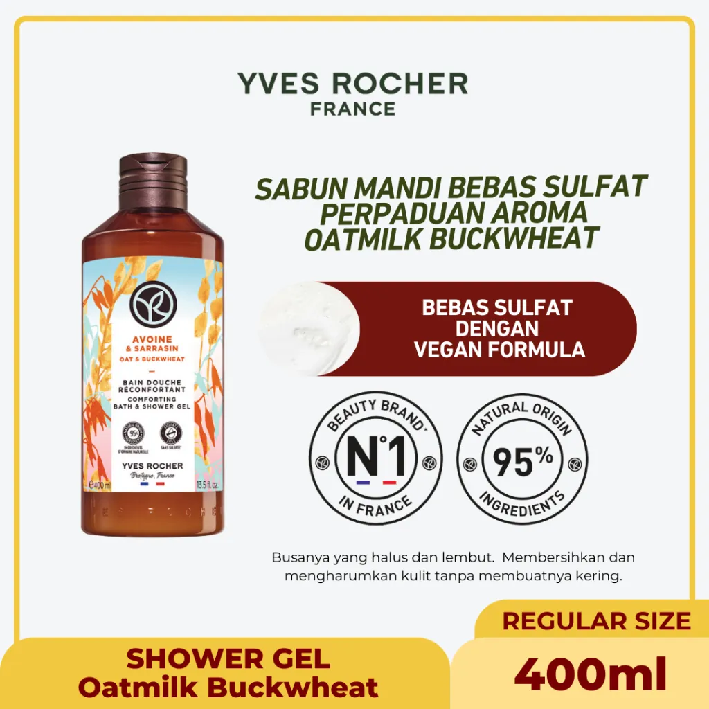 Yves Rocher Bath & Shower Oat Milk & Buckwheat 400 ml | Sabun Mandi Non SLS | Sabun Mandi Cair