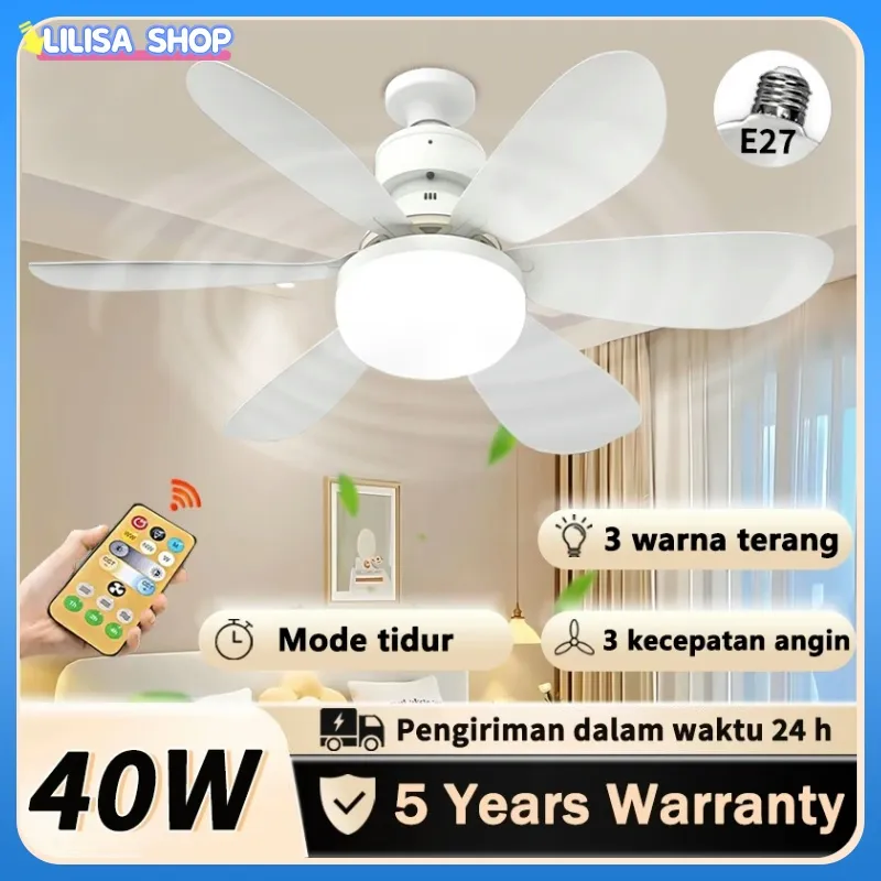 Lampu led kipas angin 6 baling ceiling fan plafon langit bohlam 30w flower fan 2in1 fitting e27 remote contrl