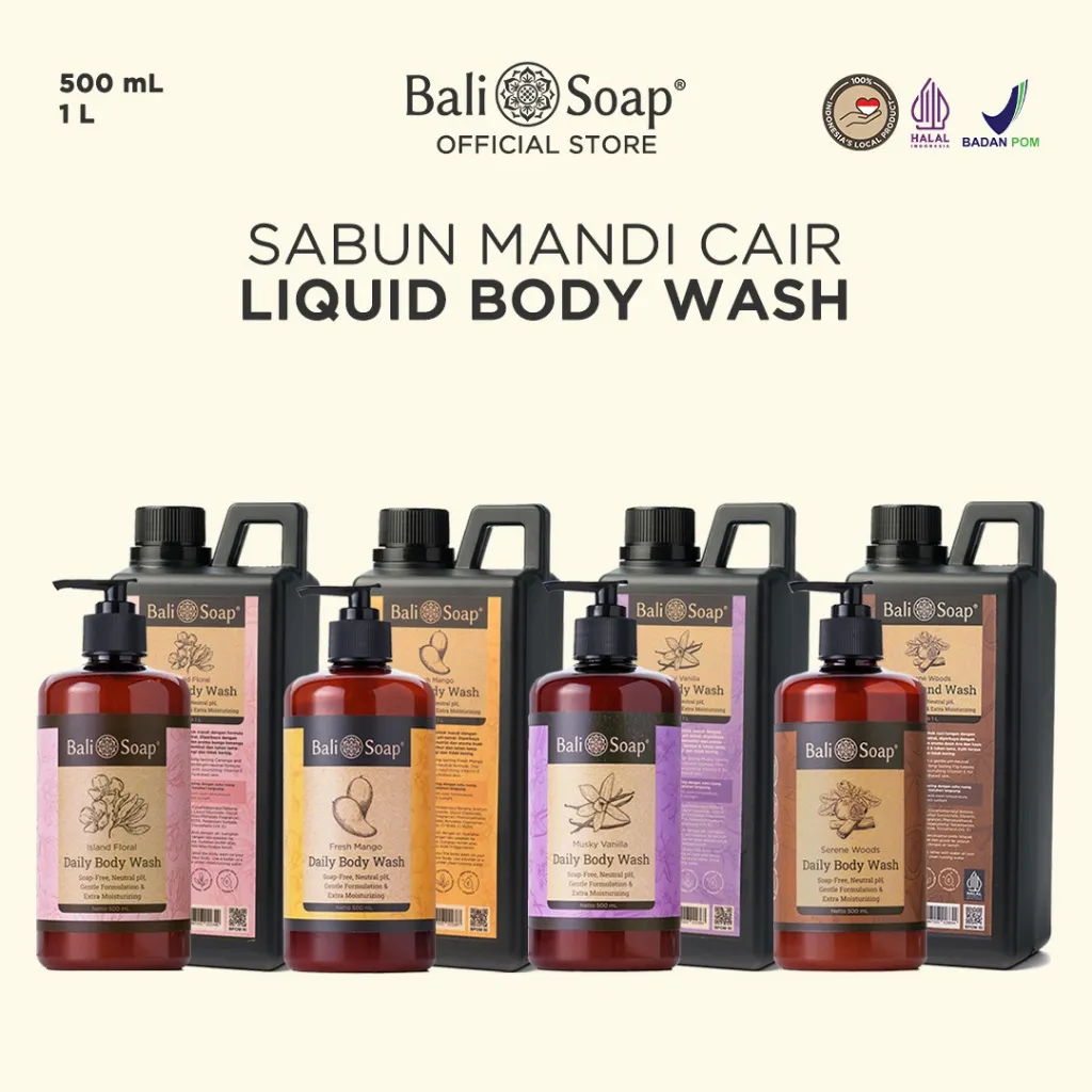 Bali Soap - Sabun Mandi Cair Liquid Body Wash - BPOM & Halal, NON SLS & Paraben, Soap-Free, pH Netral,  Aroma Mewah Wangi Lembut, Moisturizing, Kulit Tidak Kering, dengan Vitamin E