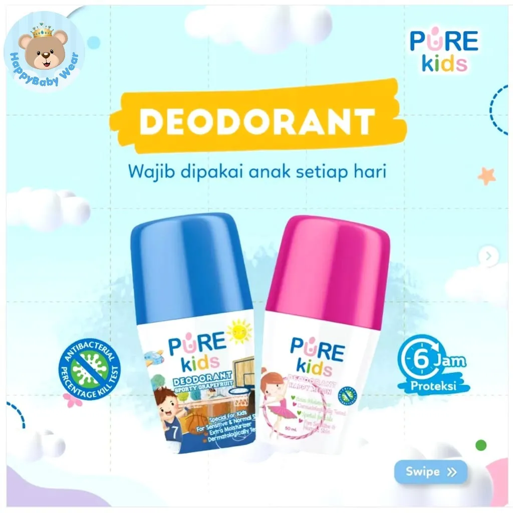 Pure Kids Deodorant roll on Anak Sporty Grapefruit , Happy Melon 50ML Deodoran Untuk Anak Remaja 7 8 9 10 11 12 Tahun