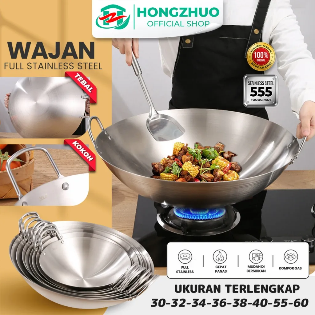 Hongzhuo Wajan Stainless 555 Tebal Kuali Premium  dengan Pegangan Stainless Steel Kuali Besar Katel Anti Lengket