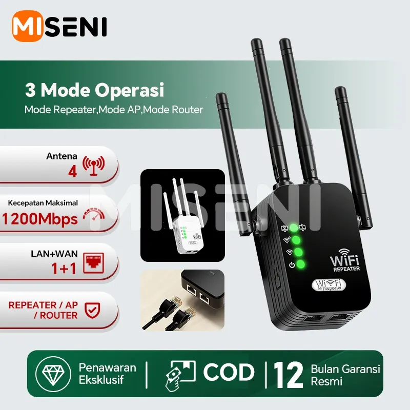MISENI Repeater WiFi Signal Booster 1200Mbps Dual Band 2.4G+5GHz Wireless Router Extender Jaringan - Sinyal Kuat Stabil Ultra-Fast Long Range untuk Rumah Kantor, Dukungan Mode AP Repeater Mudah Dipasang 4/6/8 Antena Penguat Sinyal Internet Tinggi