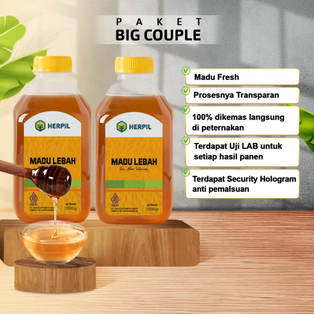 Herpil Madu Lebah 2 Botol 1 Kg, Madu Murni Fresh, Nektar Multiflora, 100% Dikemas di Peternakan
