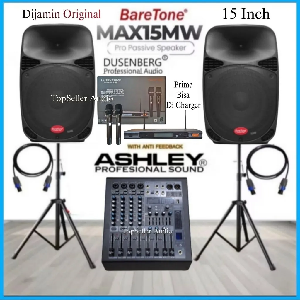Paket Sound System Karaoke [ Live Musik ] Speaker 15 Inch BareTone MAX15MW Power Mixer Ashley 6 Channel Bluetooth Mic 2 Wireless DusenBerg Bisa Di Charger Original Garansi Resmi