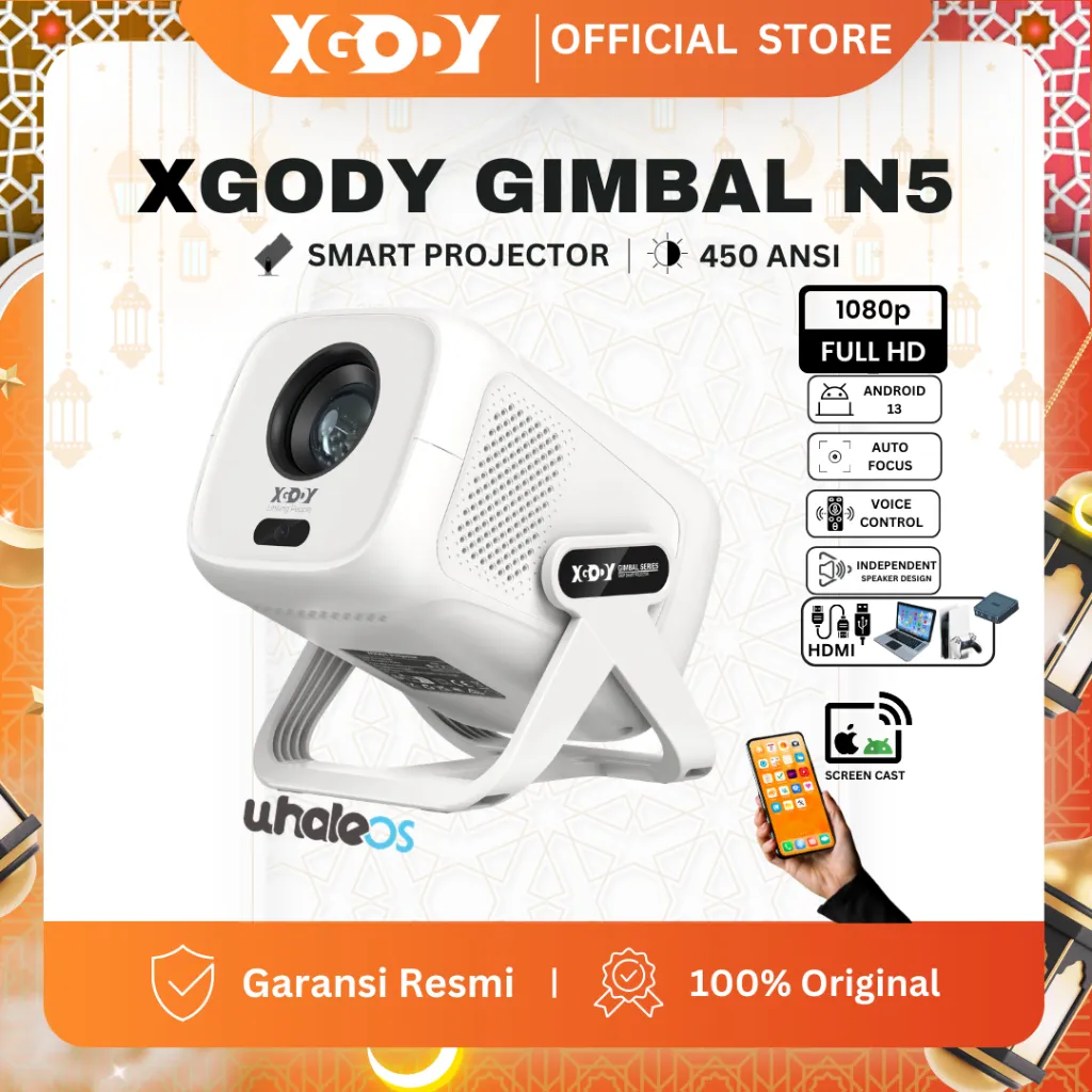 XGODY Gimbal N5 Smart Proyektor LCD - FHD 1080P-WhaleOs3.0 System-Voice Control-450ANSI-Dolby Audio