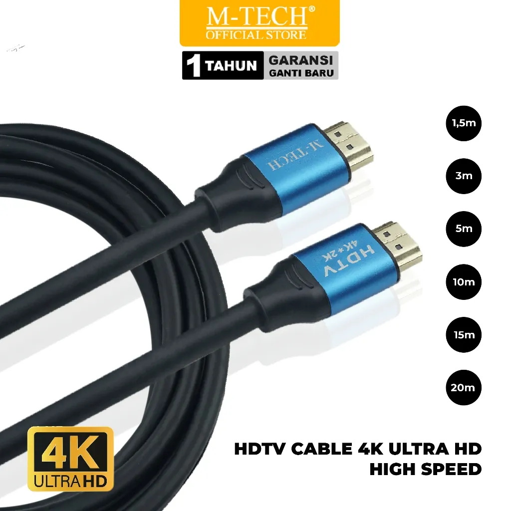 MTECH Kabel HDMI 4K Male to Male 2.0 Gold Plated UHD High Speed Quality Support TV Laptop Projector - Garansi 1 Tahun
