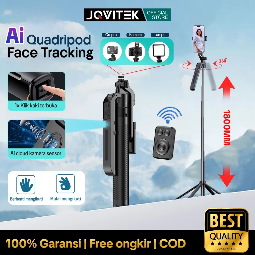 Jqvitek Auto Face Tracking Tongsis Tripod 1.8M Gesture Control Handphone Gimbal Stabilizer Tripod 360 °Pemotretan Rotasi Stand Tongsis Dengan GS12 Bluetooth Selfie Stick