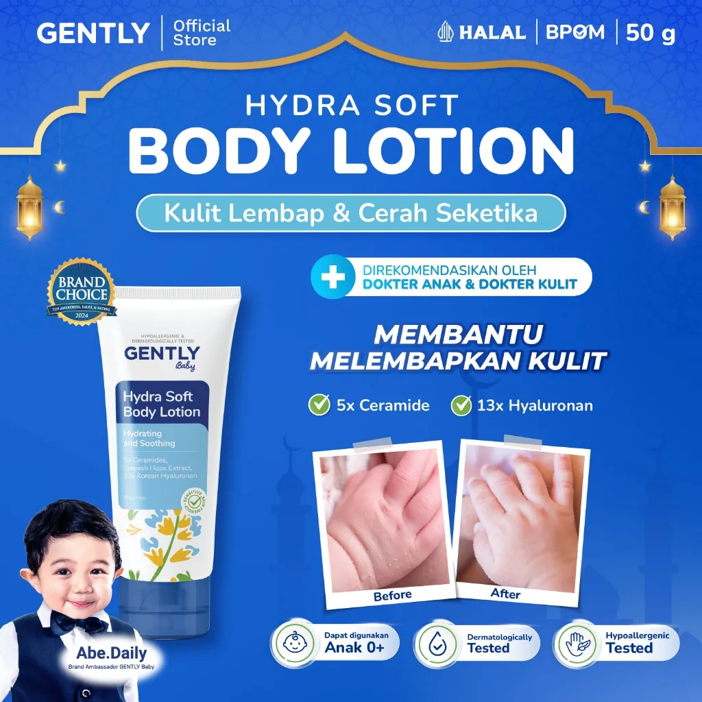 Hydra Soft Body Lotion 50gr | Body Lotion Moisturizer Bayi dan Anak | 5x Essential Ceramide + 13x Korean Hyaluronan | Lotion Anak Untuk Kulit Kering dan Sensitif