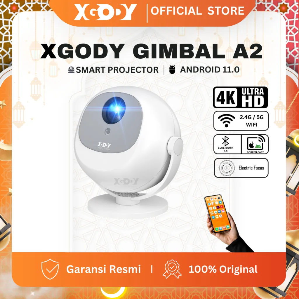 XGODY Gimbal A2 Smart Proyektor LCD Android11.0  HD 720P - Electric Focuse - 2*3W Speaker - 300 ANSI