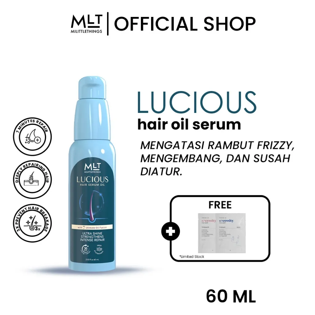 MLT Lucious Hair Serum Oil 60ml - Hair Oil Heat Protectant Anti Frizz Rontok Kusut | Mempercepat Pertumbuhan Rambut |  Melembutkan | Milittle Things Proteksi dari Panas Alat Styling dan Sinar UV