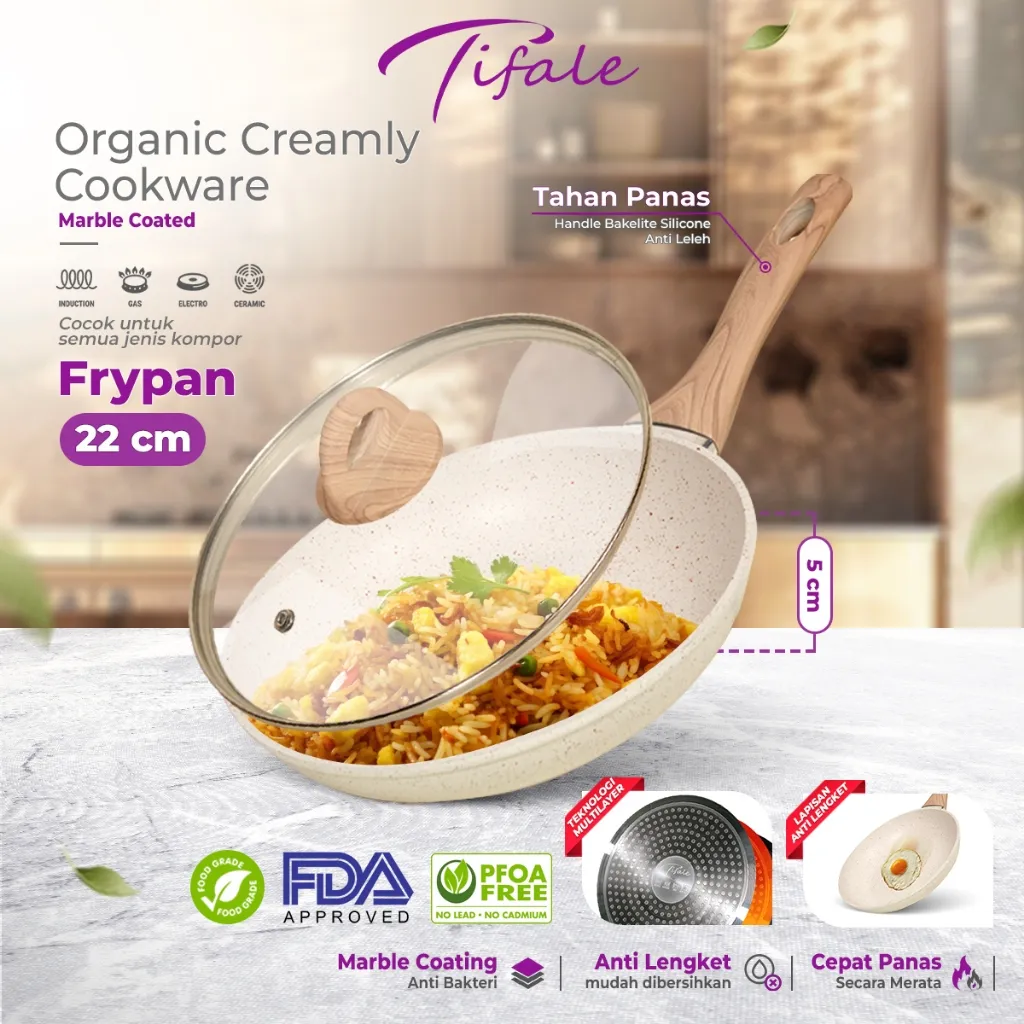 Tifale Creamly Frypan Fry Pan Cookware Marble Coated Anti lengket Panci Mpasi