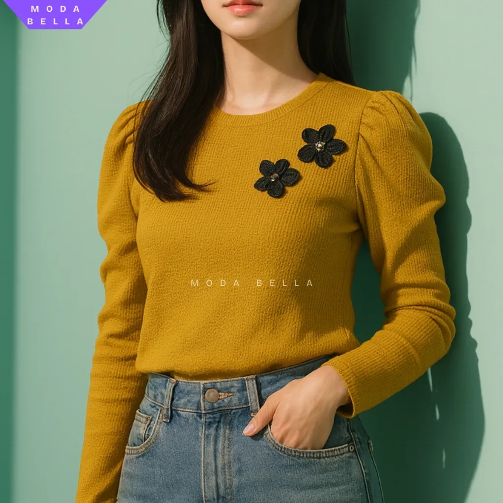 Kaos Polos Wanita longsleeve Atasan TOP Puffy Shoulder Knit Premium Korean Style