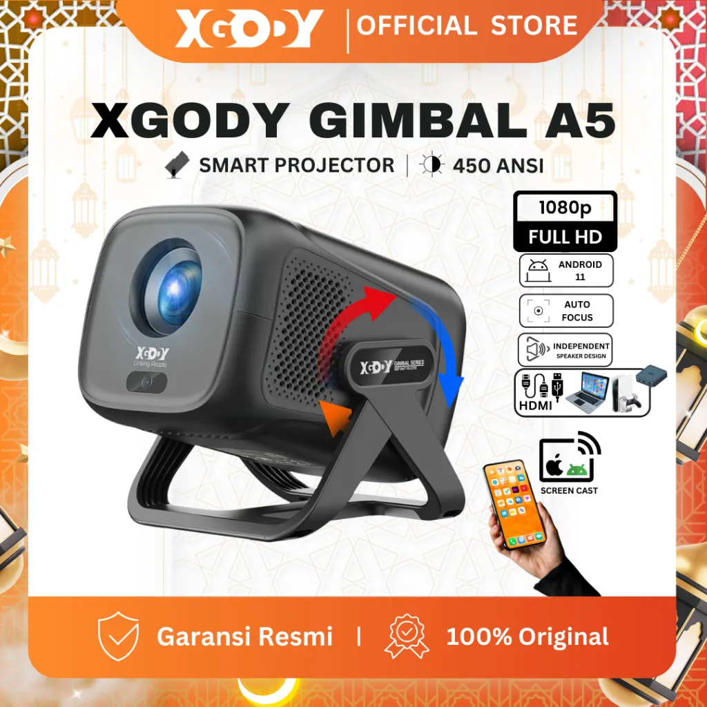 XGODY Gimbal A5 Smart Proyektor LCD - Android11 -FHD 1080P - MirrorLink - Auto Keystone - 450ANSI