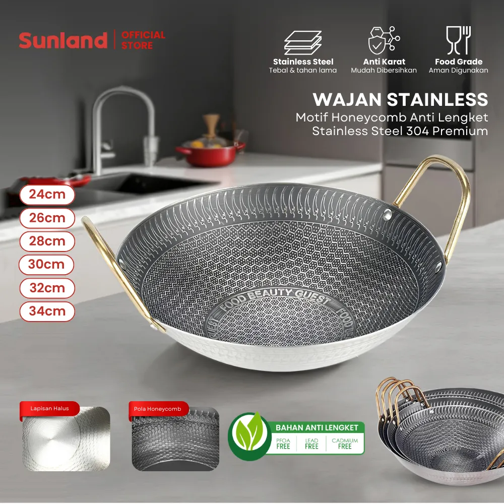 SUNLAND Wajan Stainless Anti Lengket Wajan Penggorengan Wajan Lebah Anti Lengket Kuali Penggorengan Anti Karat