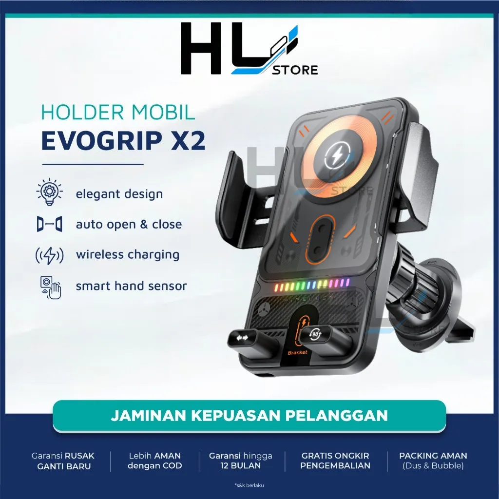 EVOGRIP X2 Car Phone Holder Automatic Rotation Airvent AC Mobil Wireless Charging 15W dengan Tombol Otomatis Putar 90° dan Buka Tutup Jepit