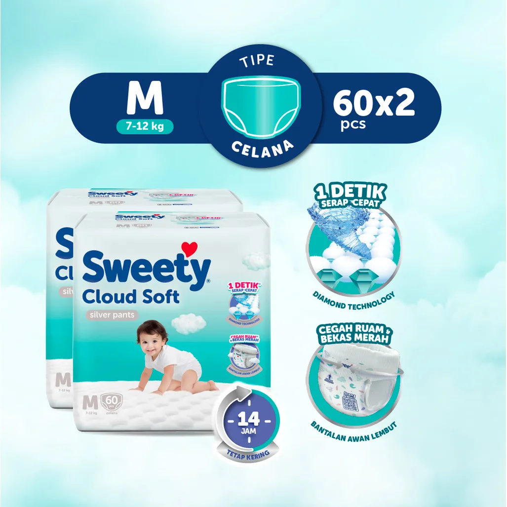 Sweety Silver Pants Cloud Soft M 60s x 2 Popok Celana Baby Diapers