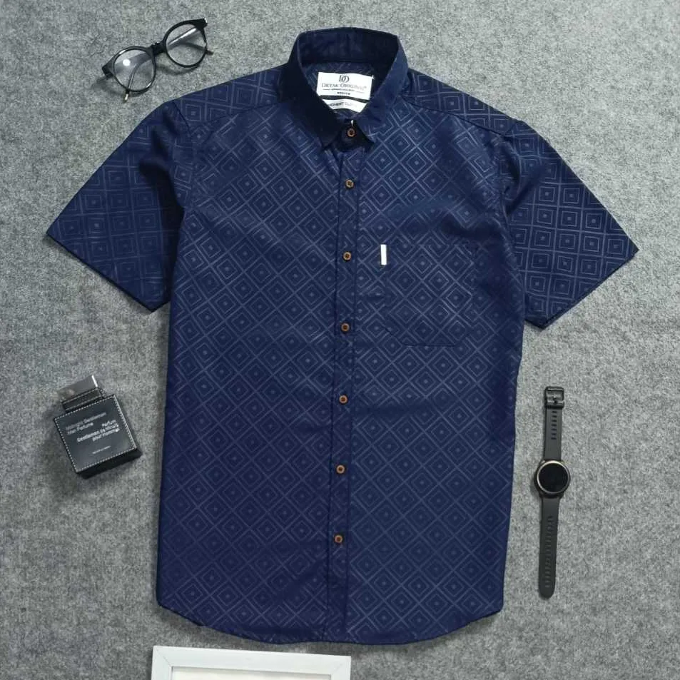 Detak Original Kemeja Embos Pria Lengan Pendek Motif Diamond Navy