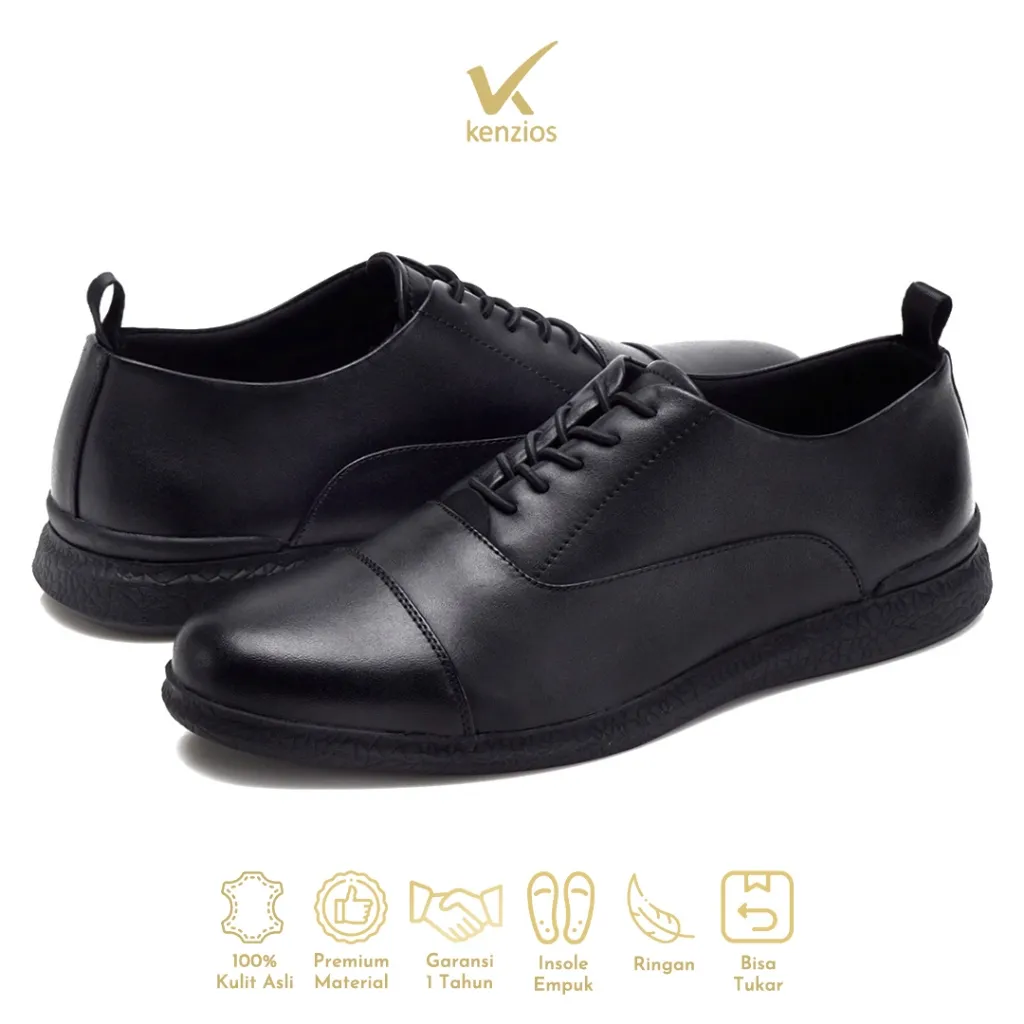 Kenzios Sepatu Formal Pria Kulit Asli Oxford 3.0 Black Series