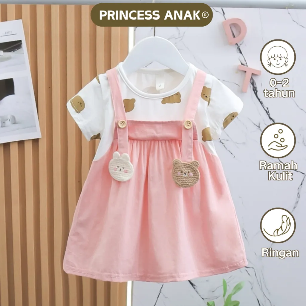 [PRINCESS ANAK]1 Bulan - 2 Tahun Dress Anak Perempuan Import Korean Style - Dress Bayi Perempuan Desain Beruang Cantik, Baju Bayi Perempuan Lucu dan Nyaman untuk