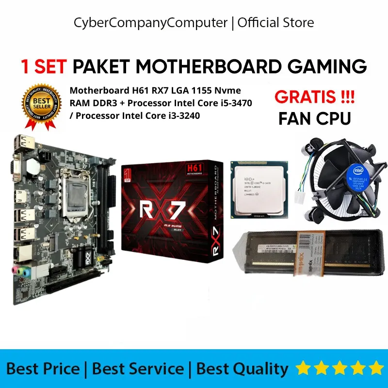 Paket New Motherboard RX7 H61 Socket LGA 1155 Gen2/3 Support Ssd Nvme Core i3-3240/i5-3470 DDR 3 - Mainboard Support Ssd Nvme Seri 2280 Core i3-3240/i5-3470 Free Fan - Mobo H61/B75 RX7