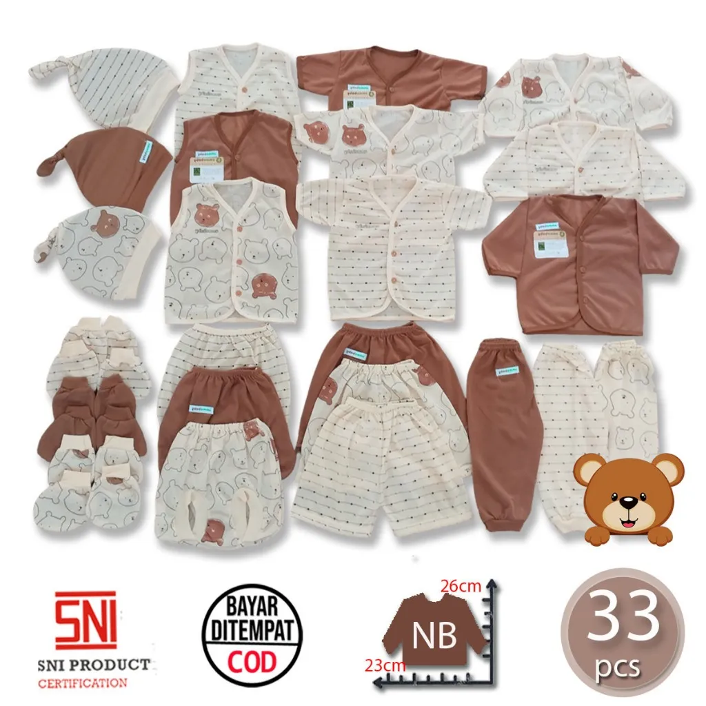 ummababyshop Paket 33 Pcs Baju Bayi Setelan Celana Pendek Panjang Buntung Stelan Newborn Kado Murah Lucu Gift Set New Born Sarung Tangan Kaki Topi Perlengkapan Bayi Baru Lahir Laki Perempuan 0 6 Bear Coklat