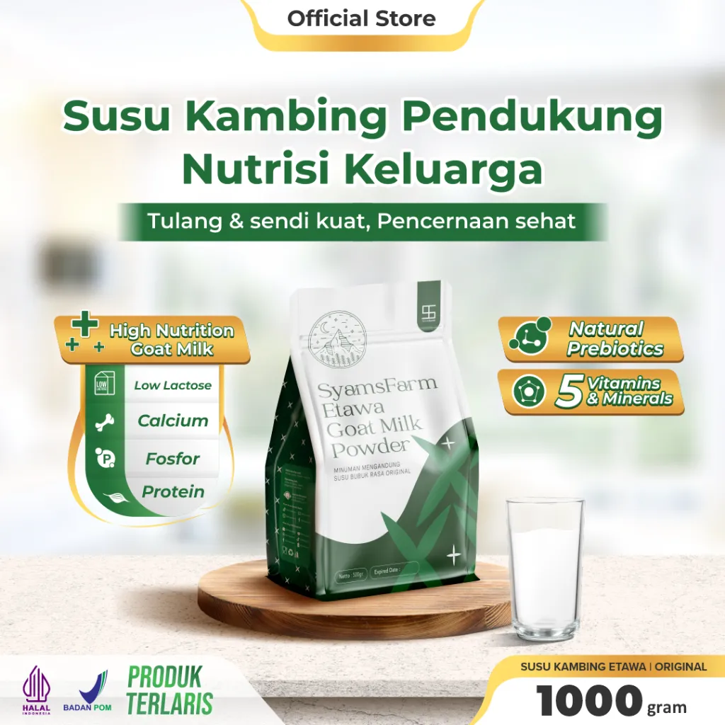 Goata - Ternak Syams Susu Kambing Etawa Bubuk Rasa Original 1KG alami rendah gula mengatasi asam urat nyeri sendi osteoporosis kebas keram kesemutan pengeroposan tulang lansia pegel linu radang asma syaraf kejepit diabetes hipertensi rendah laktosa herbal