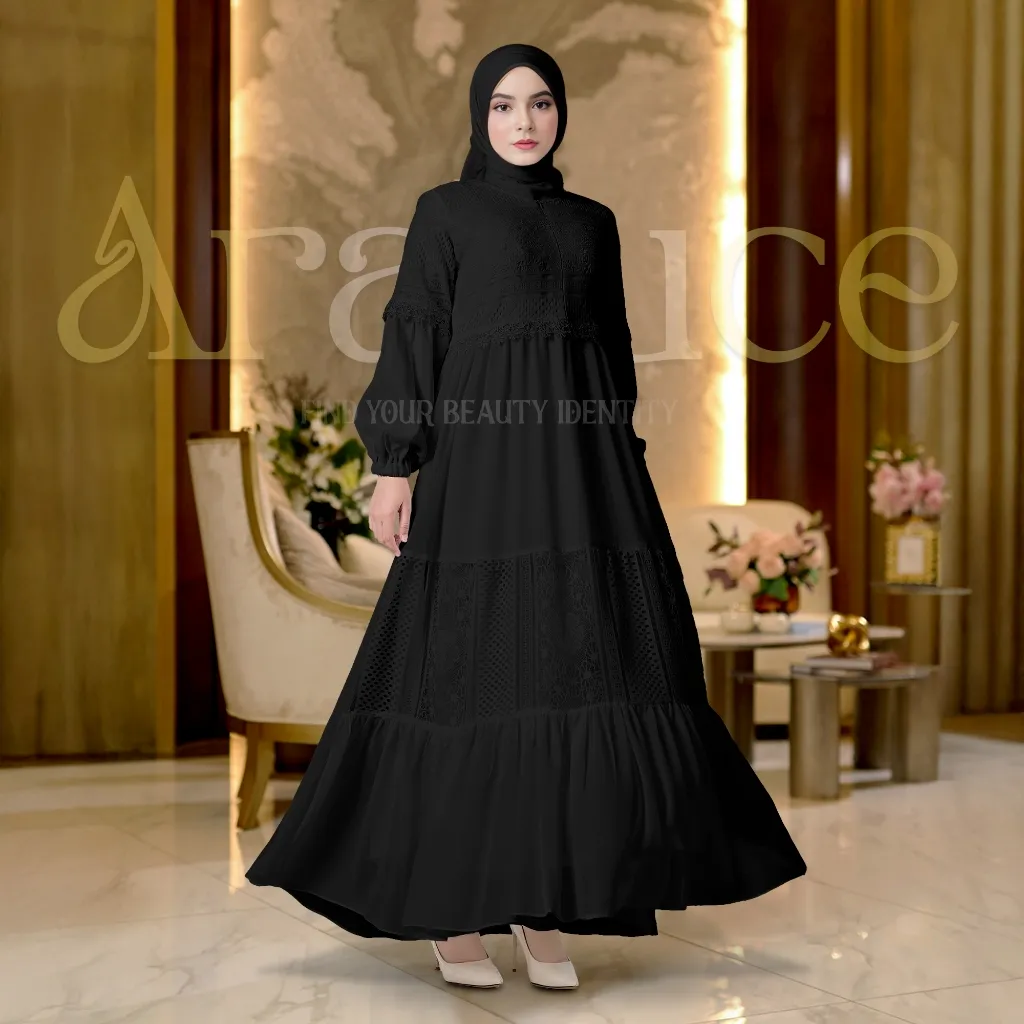 ARALLUCE • Gamis Brokat Hitam Mewah Elegan ARL-048 | Dress Kondangan Mewah Simpel untuk Remaja & Ibu Dewasa Busui Friendly