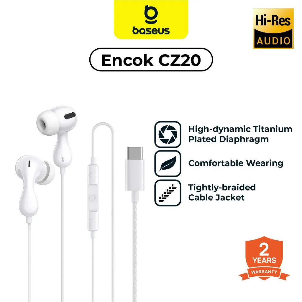 BASEUS Headset Encok CZ20 Wired Earphones + Mic | Handsfree Kabel Type C - Garansi 2 Tahun