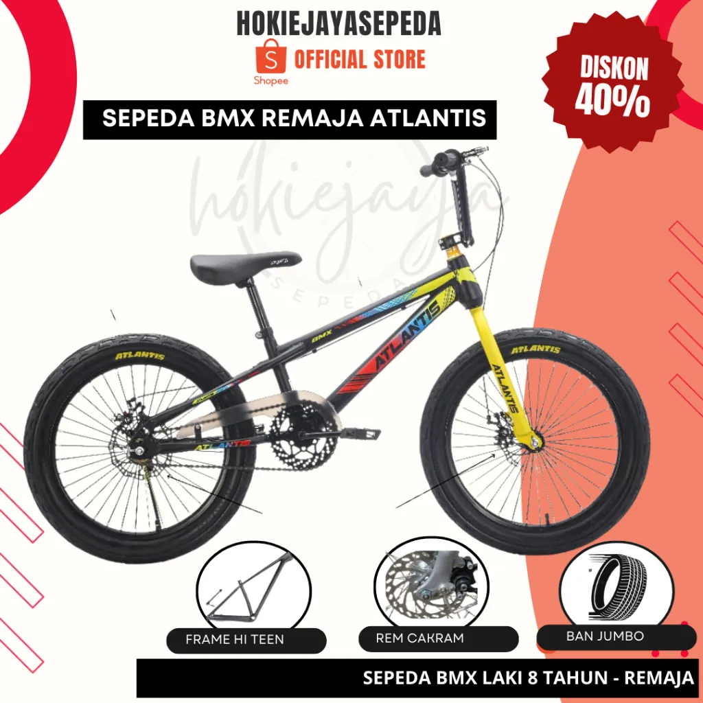 SEPEDA BMX 20" ATLANTIS 650 I Rem DISC BRAKE DAN V BRAKE Ban Luar JUMBO 3.0 - Ban Standar 2.40 WARNA (anak usia 9 tahun-remaja)