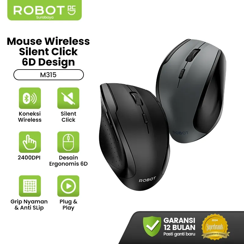 ROBOT Mouse Wireless Silent Click 6D 2400DPI Presisi Tinggi Adjustable Desain Ergonomis Nyaman Koneksi Stabil untuk Laptop & PC Kompatibel Windows Mac Linux ChromeOS Koneksi Tanpa Kabel Hemat Baterai Original - M315
