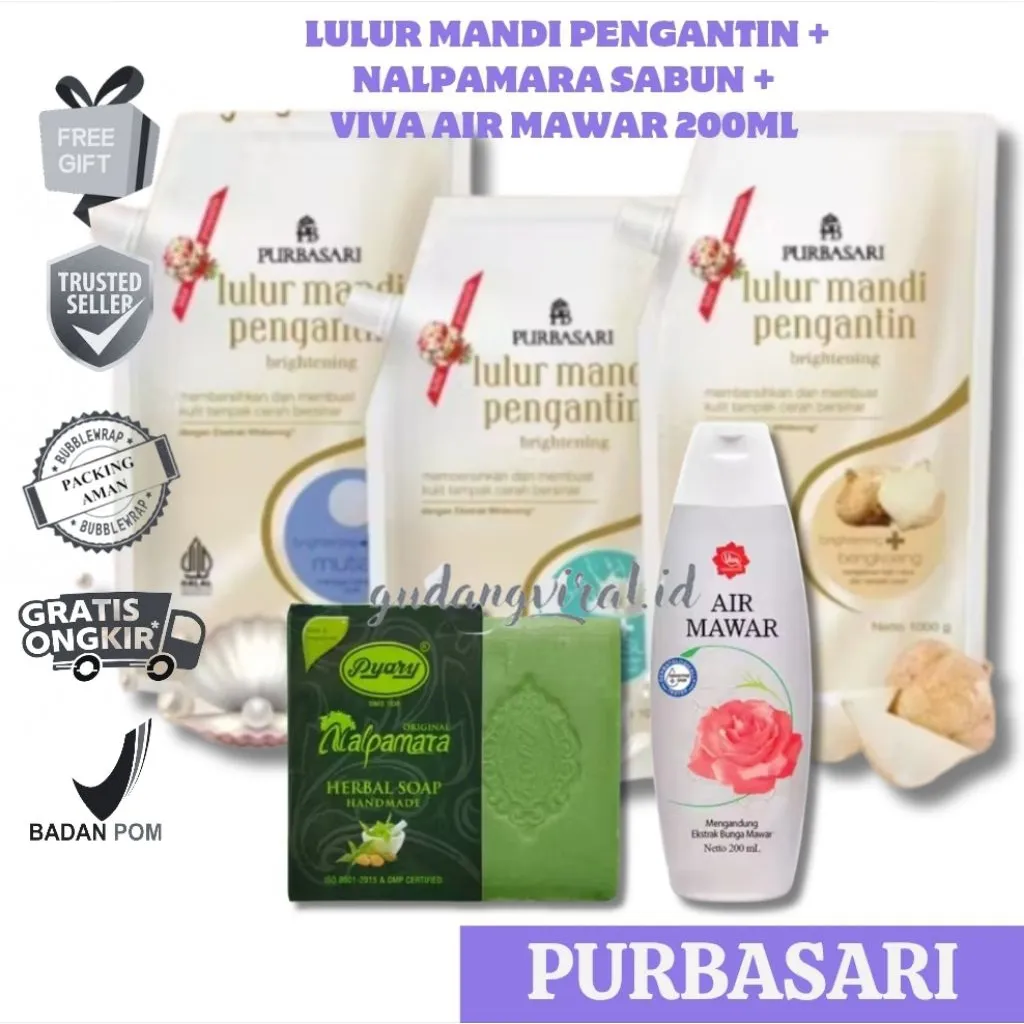 -GV- PAKET 2 IN 1 & 3 IN 1 PENCERAH BADAN VIRAL PURBASARI LULUR MANDI PENGANTIN+NALPAMARA+VIVA AIR MAWAR PERAWATAN PUTIH CERAH
