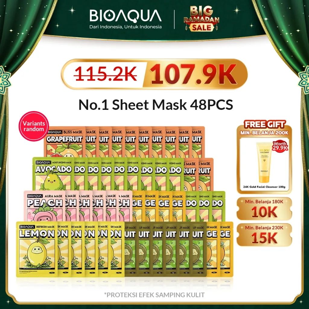BIOAQUA Fruit Sheet Mask Masker Wajah Mix 24pcs / 48pcs SheetMask Face Mask Masker Muka Untuk All Skin Types Brightening Glowing Masker Muka / Acne Care / Skin Barrier /Mengecilkan Pori-Pori