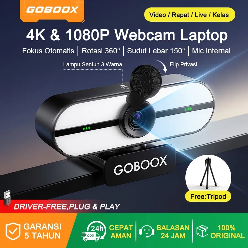GOBOOX [Lampu Sentuh Kecantikan] Webcam Laptop PC 4K 1080P Full HD With Mic Penutup Privasi USB Kamera Laptop Live Streaming Sudut Lebar 150° For Zoom Google Meeting (Free:Mini Tripod)