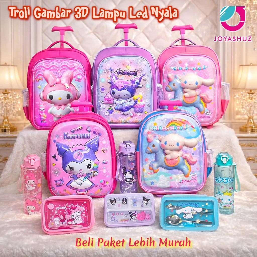 Tas Troli Anak Perempuan TK SD Ransel Kuromi Timbul 3D Lampu LED - Tas Dorong Anak TK SD - Tas Sekolah Trolley Anak Perempuan - Joyashuz