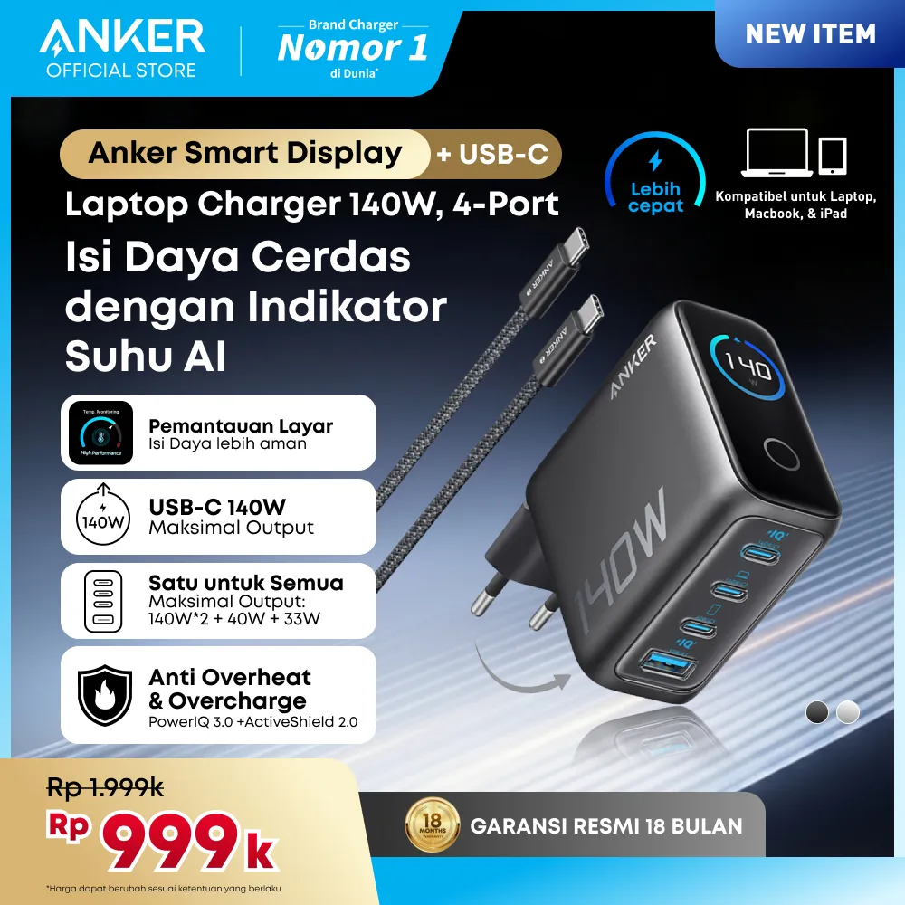 Anker Smart Digital Touch Display 140W GaN Charger Foldable Fast Charging 4 Ports with Type C Cable Temperature control PPS PD3.1 Laptop MacBook Samsung - B2697