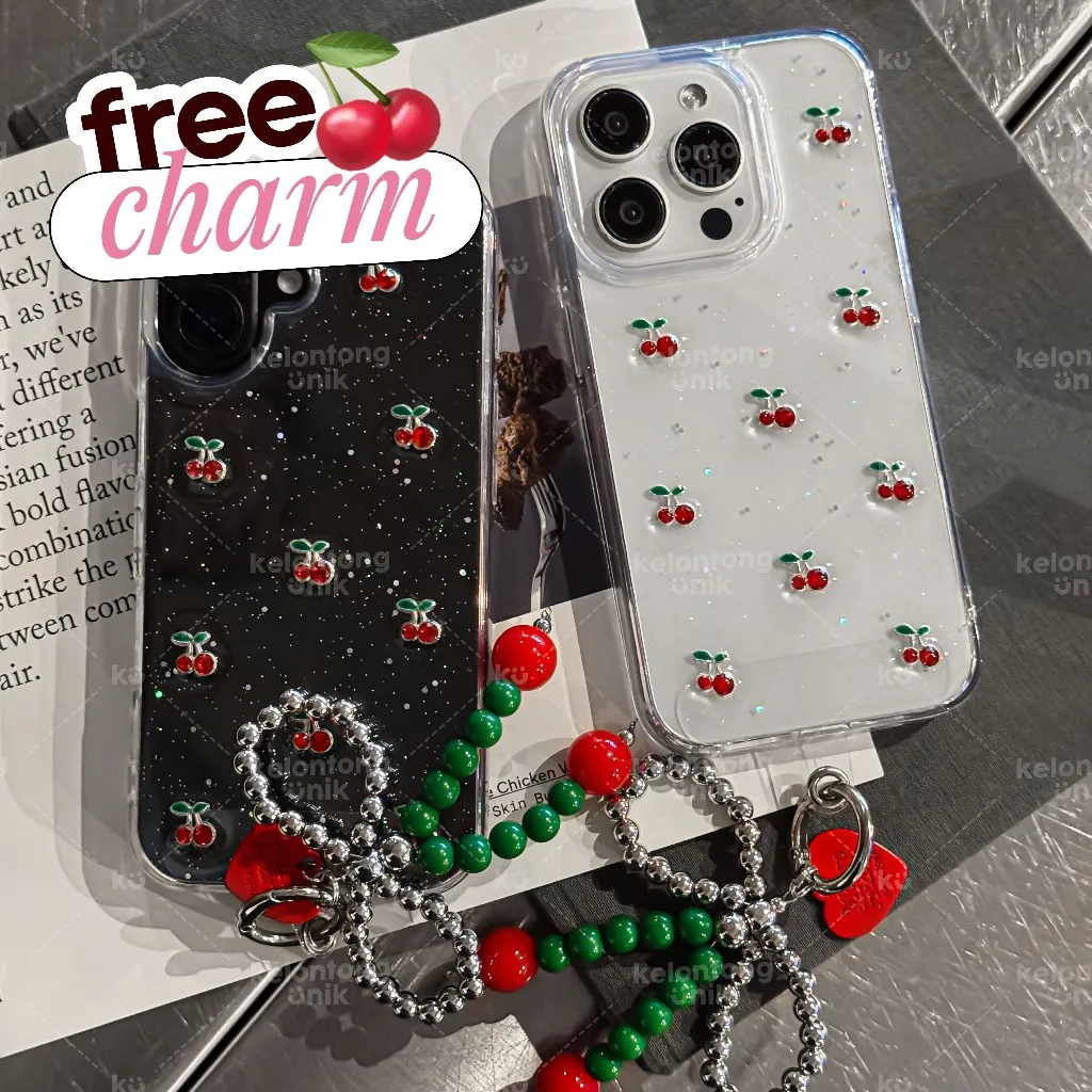 [FREE CHARM] KELONTONG UNIK | 3D Cherry Clear Glitter Case - Softcase/ Casing HP for iPhone 11 12 13 14 15 16 17 MINI PRO PROMAX PLUS ,CIGR