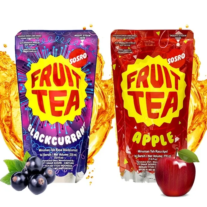 FRUIT TEA SOSRO POUCH 230ml RASA APPLE BLACKCURRANT MINUMAN TEH RASA APEL BLACKCURANT MINUM RINGAN CEMILAN ANAK PARSEL HAMPERS PARCEL GROSIR MURAH BANDUNG INSTANT